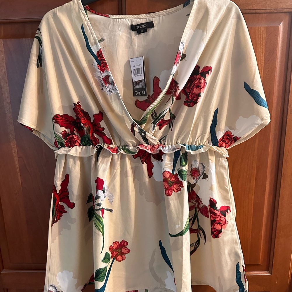 Ladies new floral short sleeve pull over v neck tunic blouse
